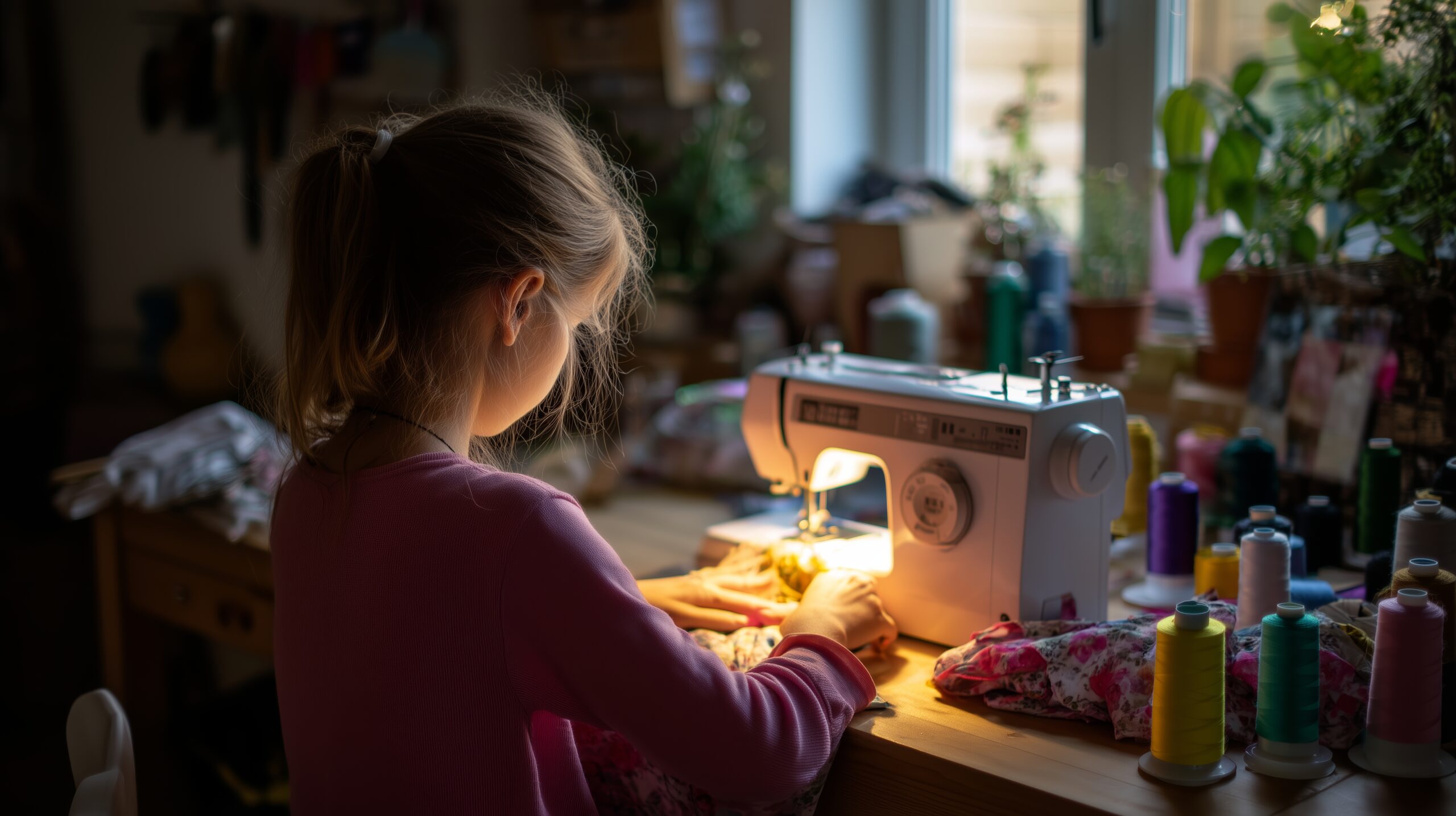 Girl stitches fabric at a sewing machine in a cozy workshop during evening hours